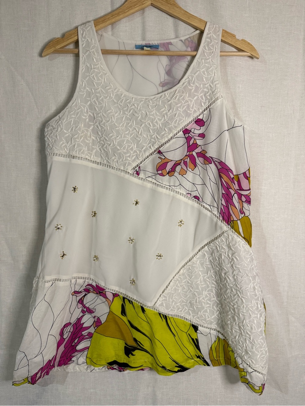 White Floral Patchwork Tank with Pink & Yellow Accents